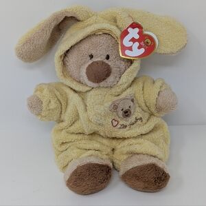 Ty Love To Baby Teddy Bear in Yellow Bunny Suit Small Tan with Tag PJ Pluffies